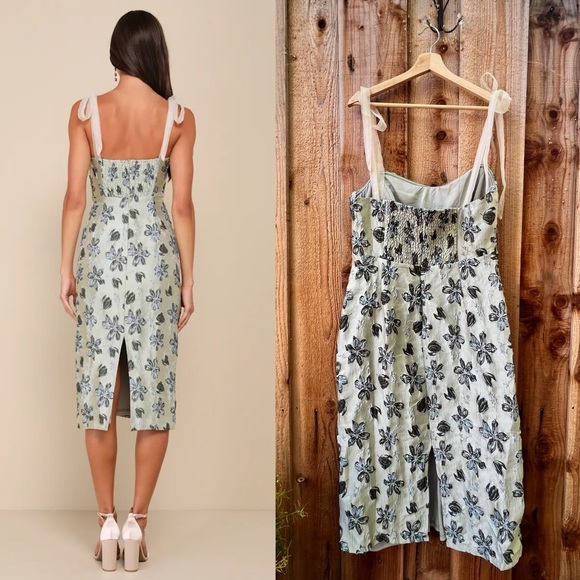 Sage and Blue Green Floral Jacquard Tie-Strap Midi Dress 🌿 - Picture 3 of 10
